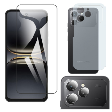 Tecno Spark 40 Glass Protector Polish Screen Tempered + Back Carbon Fiber Matte Soft Skin Sheet Rear Camera 9H Gorilla Flexible Protectior