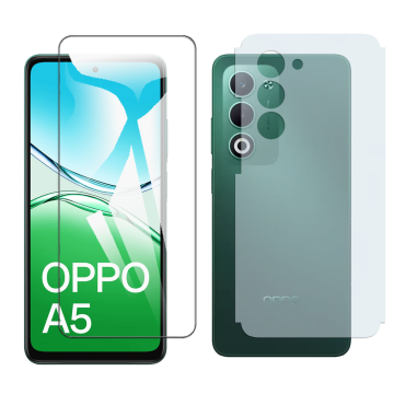 Oppo A5 2025 Glass Protector Polish Screen Tempered + Back Carbon Fiber Matte Soft Skin Sheet