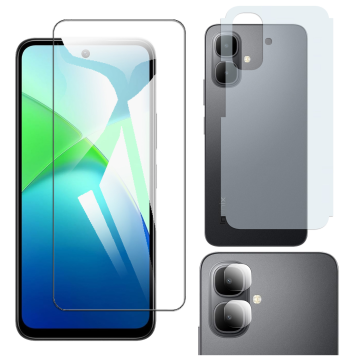 Infinix Smart 10 Glass Protector Polish Screen Tempered + Back Carbon Fiber Matte Soft Skin Sheet Rear Camera 9H Gorilla Flexible Protectior