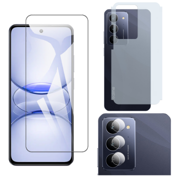 Realme C75x Glass Protector Polish Screen Tempered + Back Carbon Fiber Matte Soft Skin Sheet Rear Camera 9H Gorilla Flexible Protectior