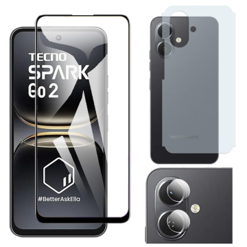 Tecno Spark Go 2 Glass Protector 5D-10D-11D-21D-9D Full Coverage + Back Carbon Fiber Matte Soft Skin Sheet Rear Camera 9H Gorilla Flexible Protectior
