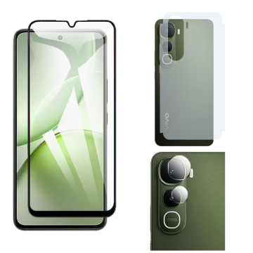 Vivo Y400 Glass Protector 5D-10D-11D-21D-9D Full Coverage + Back Carbon Fiber Matte Soft Skin Sheet Rear Camera 9H Gorilla Flexible