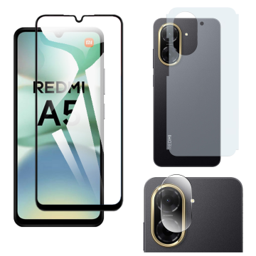 Xiaomi Redmi A5 Glass Protector 5D-10D-11D-21D-9D Full Coverage + Back Carbon Fiber Matte Soft Skin Sheet Rear Camera 9H Gorilla Flexible