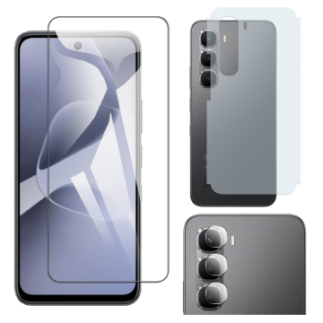 Infinix Hot 60 Pro Glass Protector Polish Screen Tempered + Back Carbon Fiber Matte Soft Skin Sheet Rear Camera 9H Gorilla Flexible Protectior