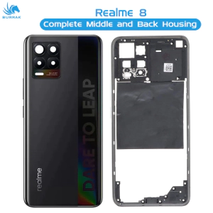 Realme 8 Housing Middle Frame With Side Button and Replacement Battery Back Door For Realme 8 - Black