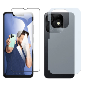 iTel A50 Glass Protector Polish Screen Tempered + Back Carbon Fiber Matte Soft Skin Sheet