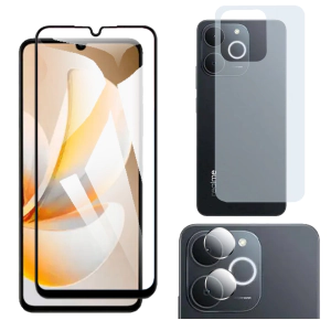 Realme Note 70 Glass Protector 5D-10D-11D-21D-9D Full Coverage + Back Carbon Fiber Matte Soft Skin Sheet Rear Camera 9H Gorilla Flexible