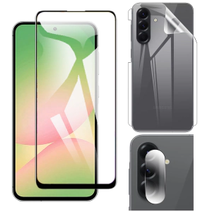 Samsung A56 Glass Protector 5D-10D-11D-21D-9D Full Coverage + Back Carbon Fiber Matte Soft Skin Sheet Rear Camera 9H Gorilla Flexible Protectior For Galaxy