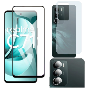 Realme C71 Glass Protector 5D-10D-11D-21D-9D Full Coverage + Back Carbon Fiber Matte Soft Skin Sheet Rear Camera 9H Gorilla Flexible Protectior