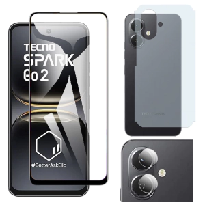 Tecno Spark Go 2 Glass Protector 5D-10D-11D-21D-9D Full Coverage + Back Carbon Fiber Matte Soft Skin Sheet Rear Camera 9H Gorilla Flexible Protectior