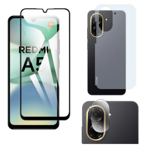Xiaomi Redmi A5 Glass Protector 5D-10D-11D-21D-9D Full Coverage + Back Carbon Fiber Matte Soft Skin Sheet Rear Camera 9H Gorilla Flexible