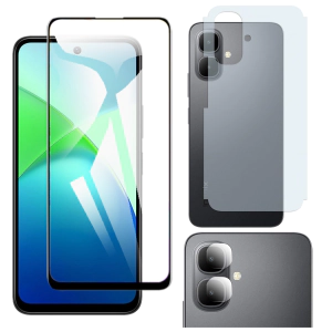 Infinix Smart 10 Glass Protector 5D-10D-11D-21D-9D Full Coverage + Back Carbon Fiber Matte Soft Skin Sheet Rear Camera 9H Gorilla Flexible Protectior