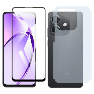 Oppo A3 Glass Protector 5D-10D-11D-21D-9D Full Coverage + Back Carbon Fiber Matte Soft Skin Sheet