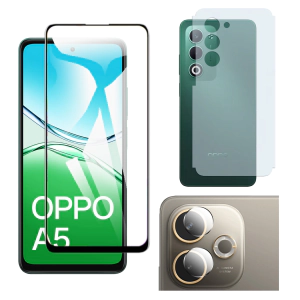 Oppo A5 2025 Glass Protector 5D-10D-11D-21D-9D Full Coverage + Back Carbon Fiber Matte Soft Skin Sheet Rear Camera 9H Gorilla Flexible