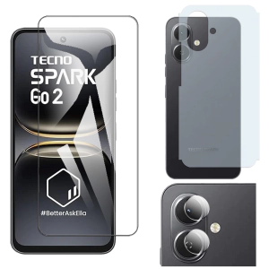Tecno Spark Go 2 Glass Protector Polish Screen Tempered + Back Carbon Fiber Matte Soft Skin Sheet Rear Camera 9H Gorilla Flexible Protectior