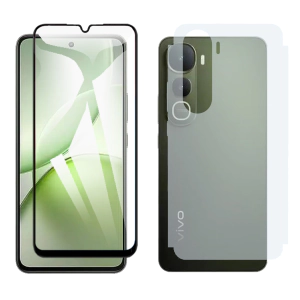 Vivo Y400 Glass Protector 5D-10D-11D-21D-9D Full Coverage + Back Carbon Fiber Matte Soft Skin Sheet