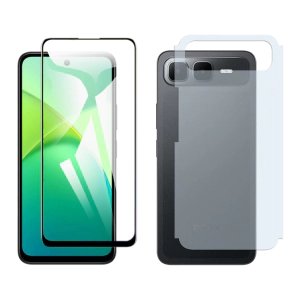 Infinix Smart 10 Plus Glass Protector 5D-10D-11D-21D-9D Full Coverage + Back Carbon Fiber Matte Soft Skin Sheet